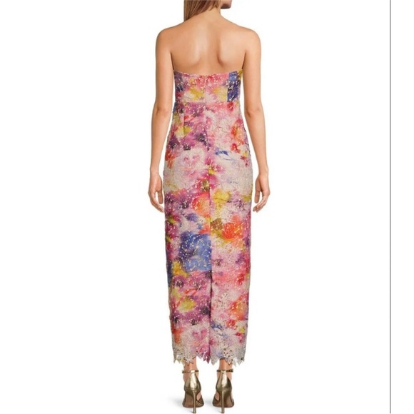 Badgley Mischka Strapless Floral Midi Dress in Pink, Blue, Yellow - Picture 12 of 13